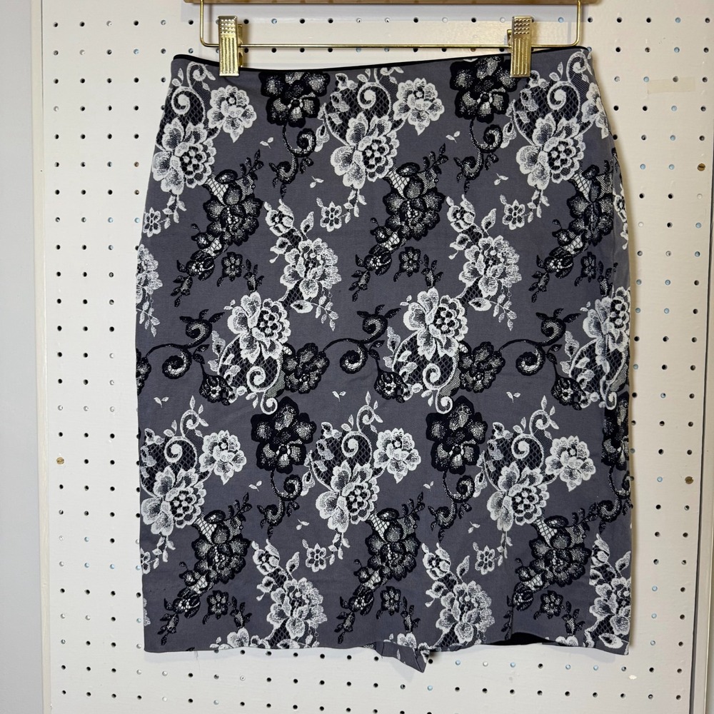 White House Black Market‎ Pencil Skirt Women's 4 Gray Floral Vented Zip Classic